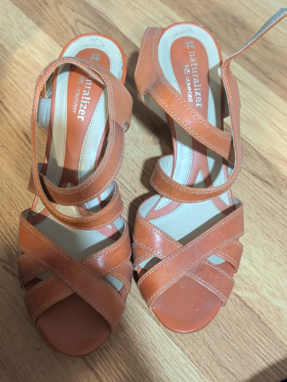 Naturalizer Women's Orange Strappy Leather Sandals with Ankle Wrap